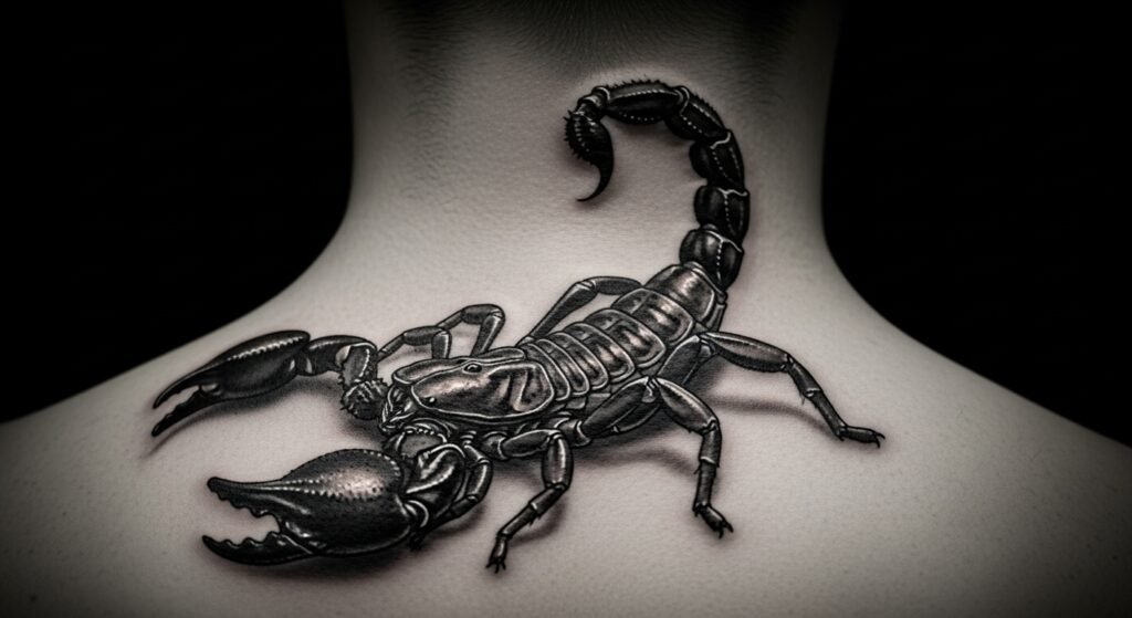 Tatuagem realista de um escorpião no pescoço, simbolizando proteção e perigo.