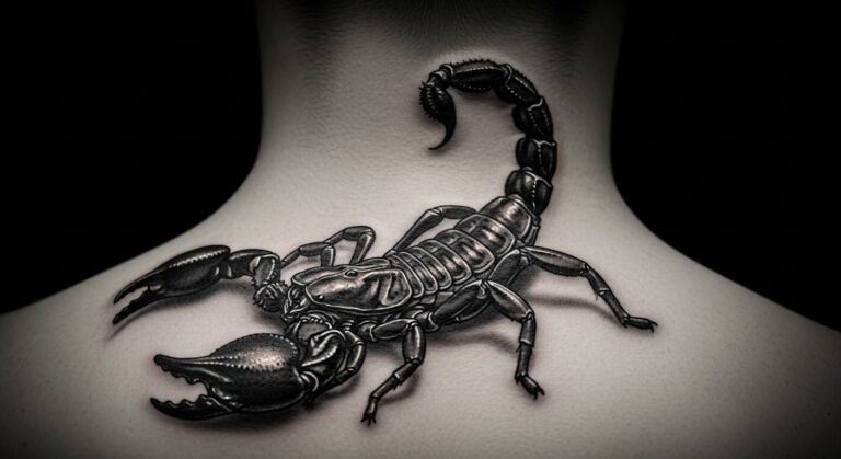 Tatuagem realista de um escorpião no pescoço, simbolizando proteção e perigo.