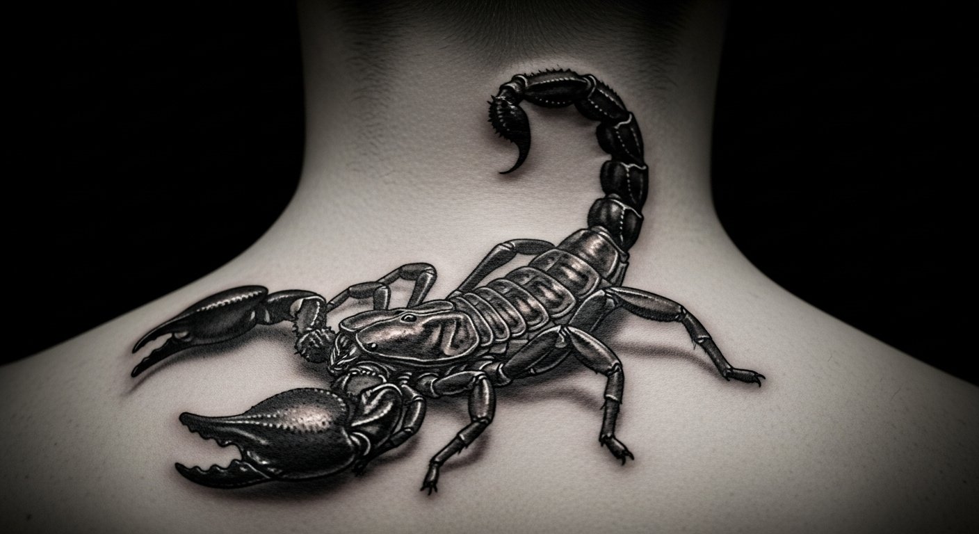 Tatuagem realista de um escorpião no pescoço, simbolizando proteção e perigo.