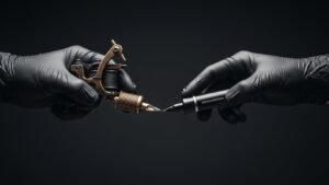 Tatuador segurando as duas opções de máquina de tatuar para iniciantes: uma de bobina e uma pen rotativa.