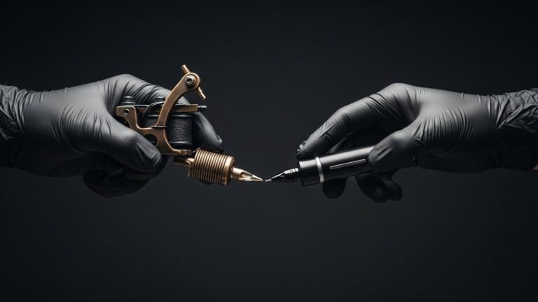 Tatuador segurando as duas opções de máquina de tatuar para iniciantes: uma de bobina e uma pen rotativa.