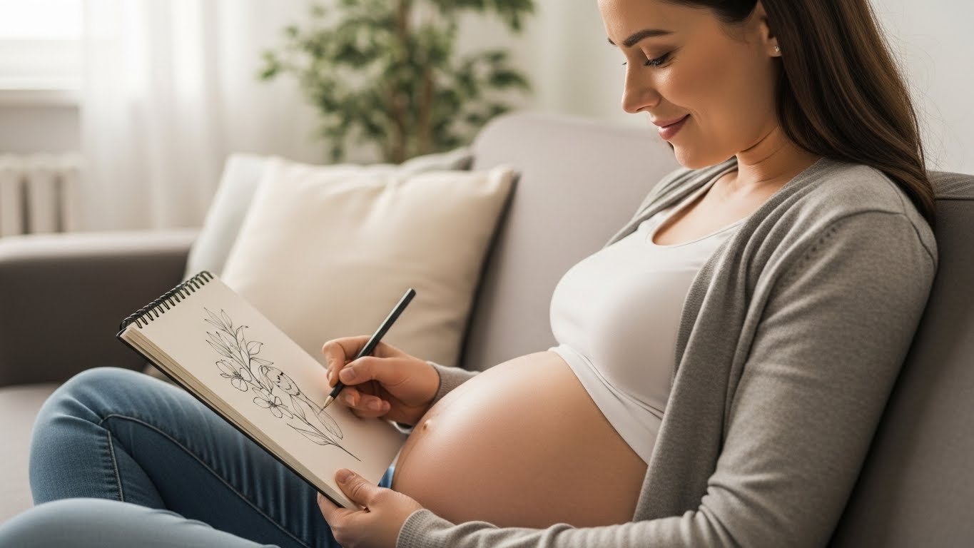 Mulher grávida planejando sua futura tatuagem, mostrando que a decisão segura é esperar.