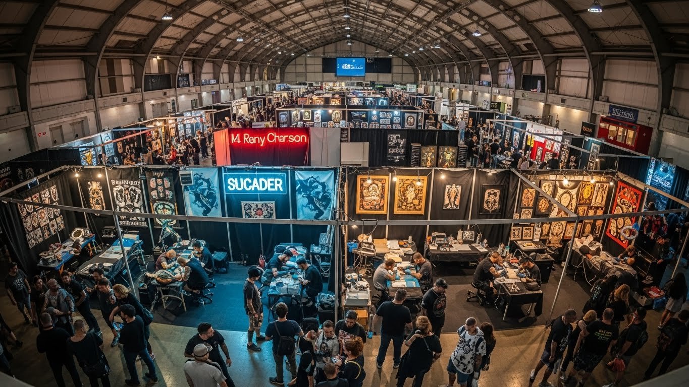Visão ampla e movimentada de uma convenção de tatuagem no Brasil em 2026, com vários artistas trabalhando.