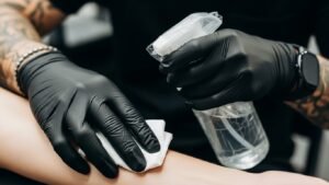 Tatuador profissional seguindo os protocolos de biossegurança na tatuagem antes de iniciar o procedimento.