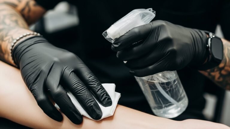 Tatuador profissional seguindo os protocolos de biossegurança na tatuagem antes de iniciar o procedimento.