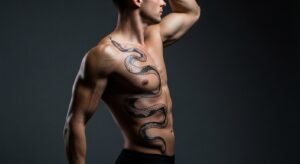 Homem mostrando sua grande tatuagem de serpente em blackwork na costela.