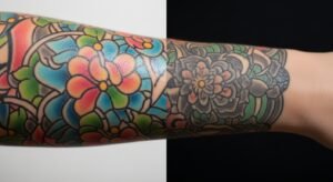 Comparação visual do efeito de um hidratante para tatuagem em uma arte colorida, mostrando o lado hidratado e vibrante versus o lado seco e opaco.