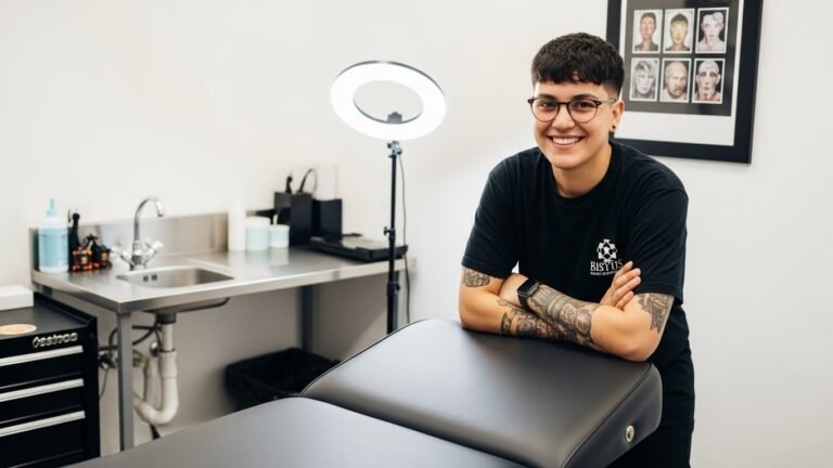 Tatuador iniciante em seu primeiro estúdio profissional, ilustrando o guia de como montar um estúdio de tatuagem.