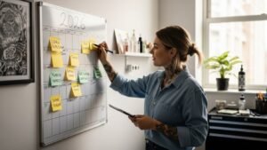 Tatuadora criando seu plano de ação para 2026 em um planejador de parede em seu estúdio.