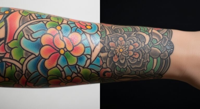 Comparação visual do efeito de um hidratante para tatuagem em uma arte colorida, mostrando o lado hidratado e vibrante versus o lado seco e opaco.