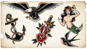 Prancha de flashs com vários exemplos de tatuagem old school masculina, como águia, âncora e punhal.