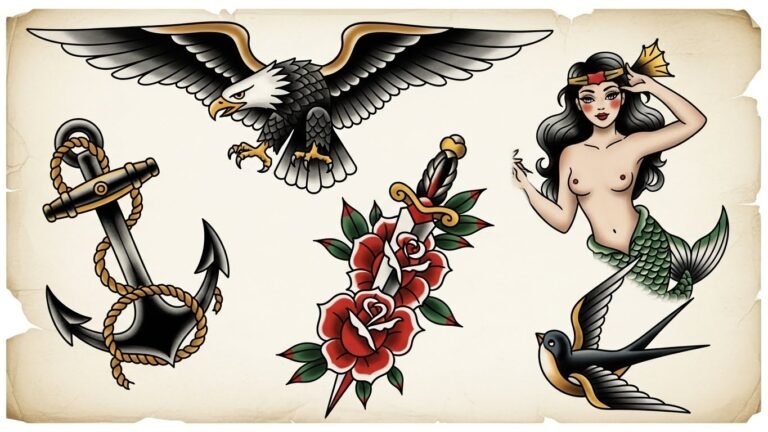 Prancha de flashs com vários exemplos de tatuagem old school masculina, como águia, âncora e punhal.