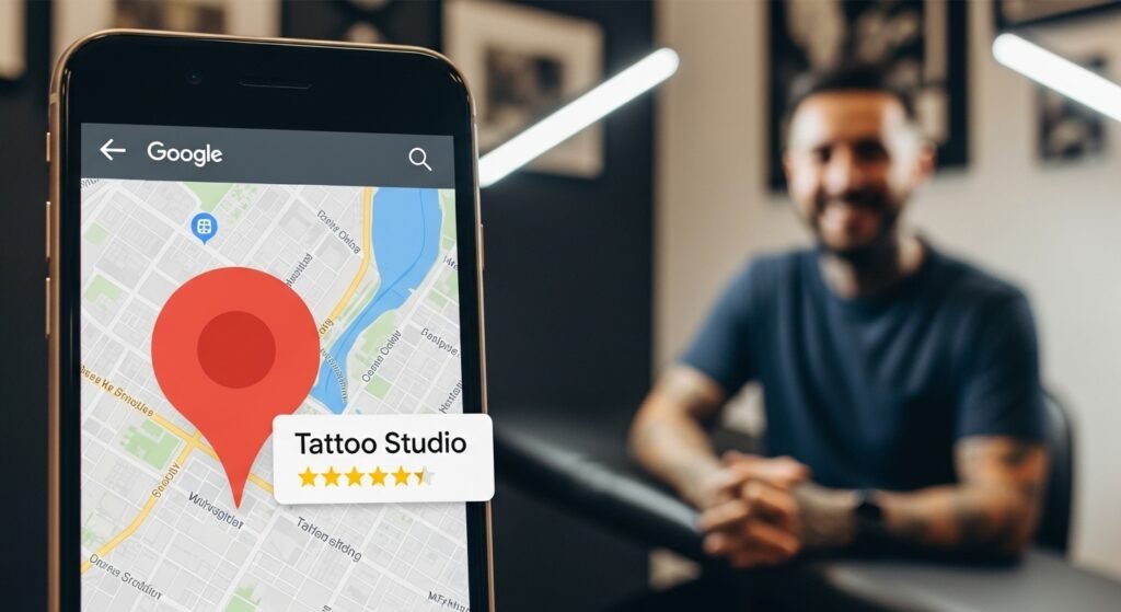 Tela de celular mostrando um estúdio bem avaliado no Google Maps, ilustrando o sucesso do marketing local para tatuadores.