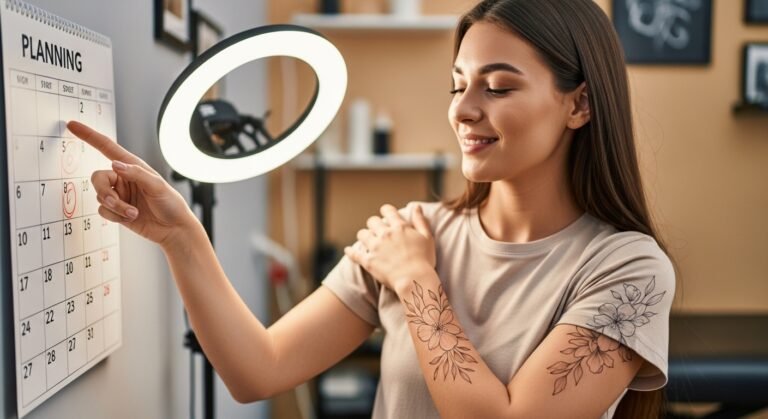 Mulher feliz com sua nova tatuagem após planejar a sessão na melhor fase do ciclo menstrual.