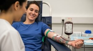 Pessoa tatuada doando sangue em um hemocentro, mostrando que quem tem tatuagem pode doar sangue.