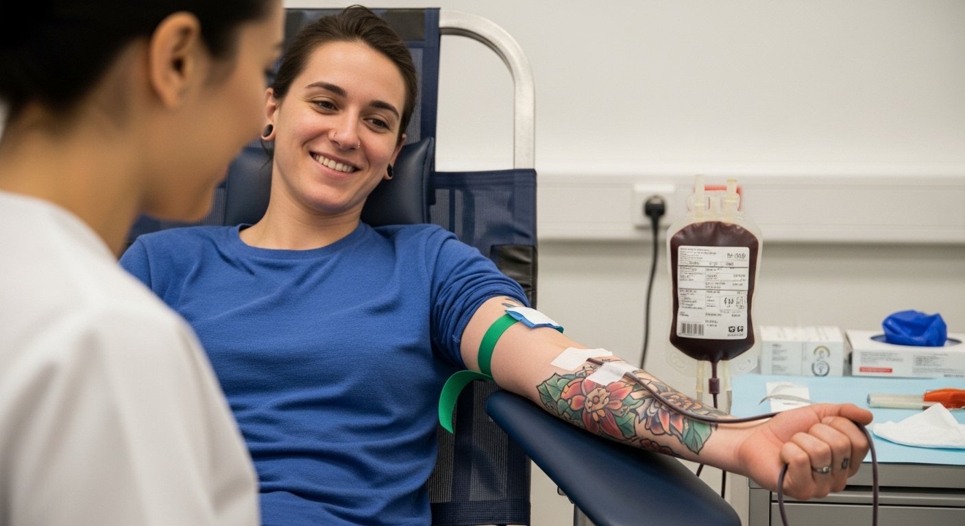 Pessoa tatuada doando sangue em um hemocentro, mostrando que quem tem tatuagem pode doar sangue.