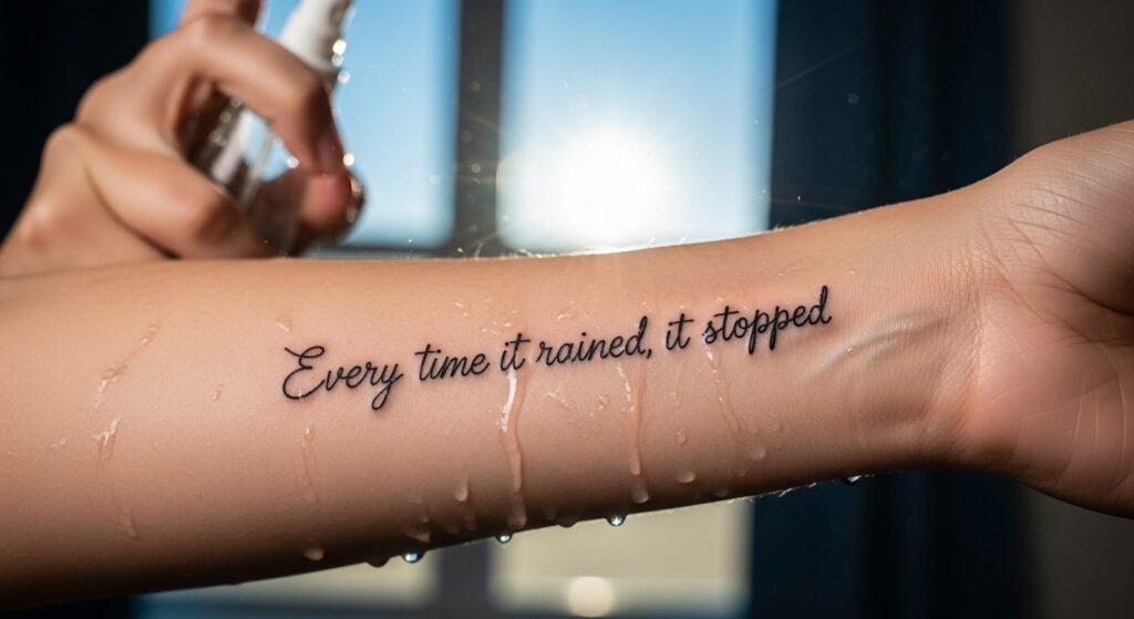 Tatuagem da frase "Toda vez que choveu, parou" no antebraço, com um conceito de superação e esperança.