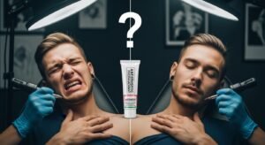 Cliente pensando se deve usar pomada anestésica para tatuagem para aliviar a dor do procedimento.