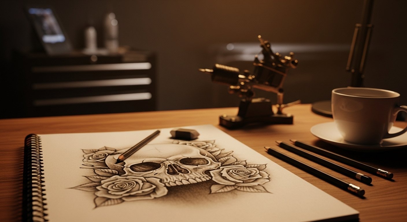 Caderno de desenho com estudos de crânio e rosas sobre mesa de madeira, materiais de desenho e máquina de tatuagem ao fundo.