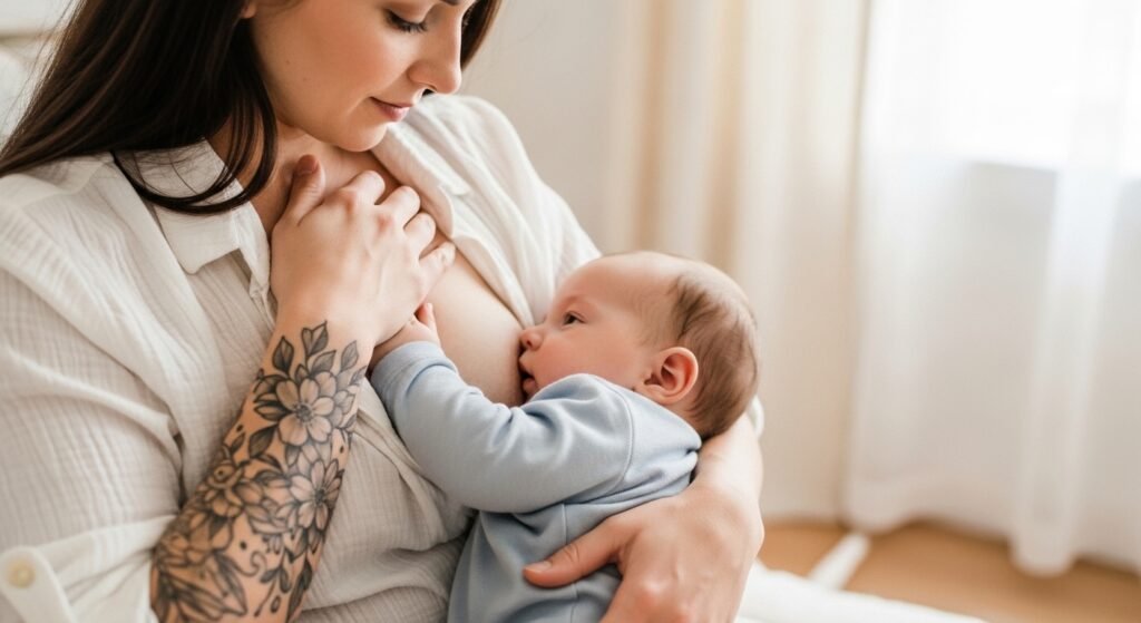 Mãe com tatuagem no braço amamentando bebê em ambiente acolhedor e iluminado.