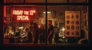 Fachada de estúdio de tatuagem em noite de evento Flash Day Sexta-feira 13 com fila de clientes.