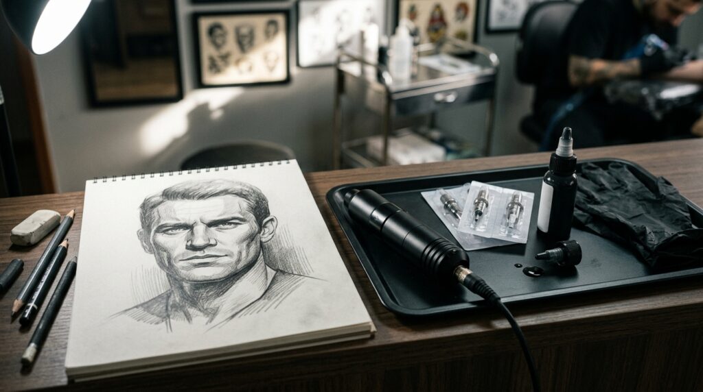 Estudo de luz e sombra ao lado de equipamentos para tatuagem realista