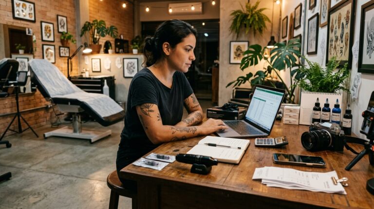 Tatuador administrando um estúdio de tatuagem após o atendimento
