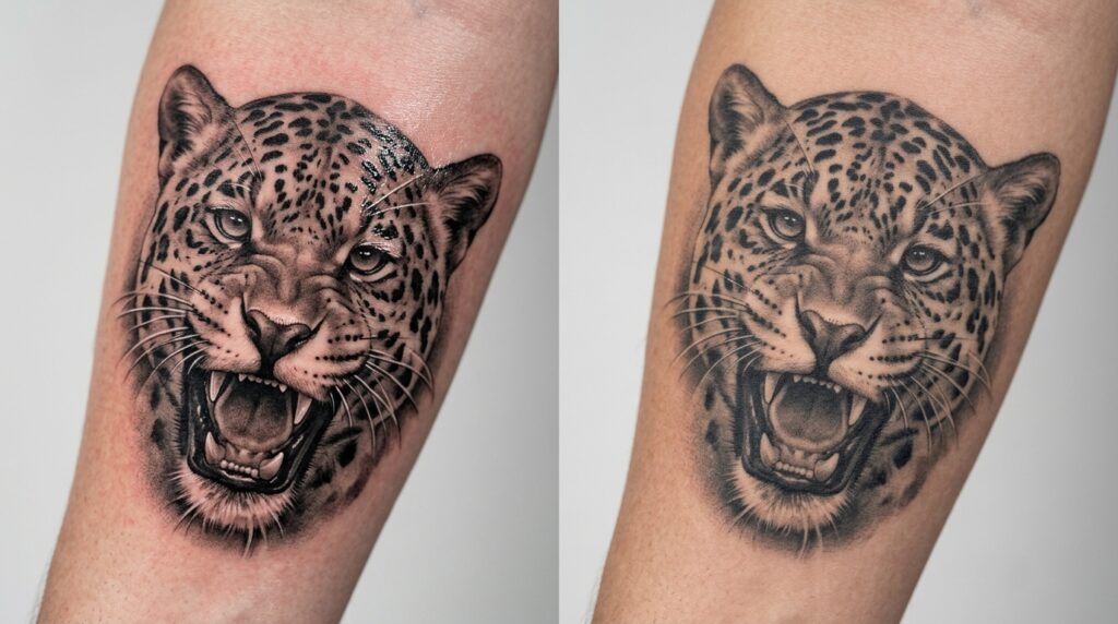 Comparação entre tatuagem fresca e tatuagem cicatrizada